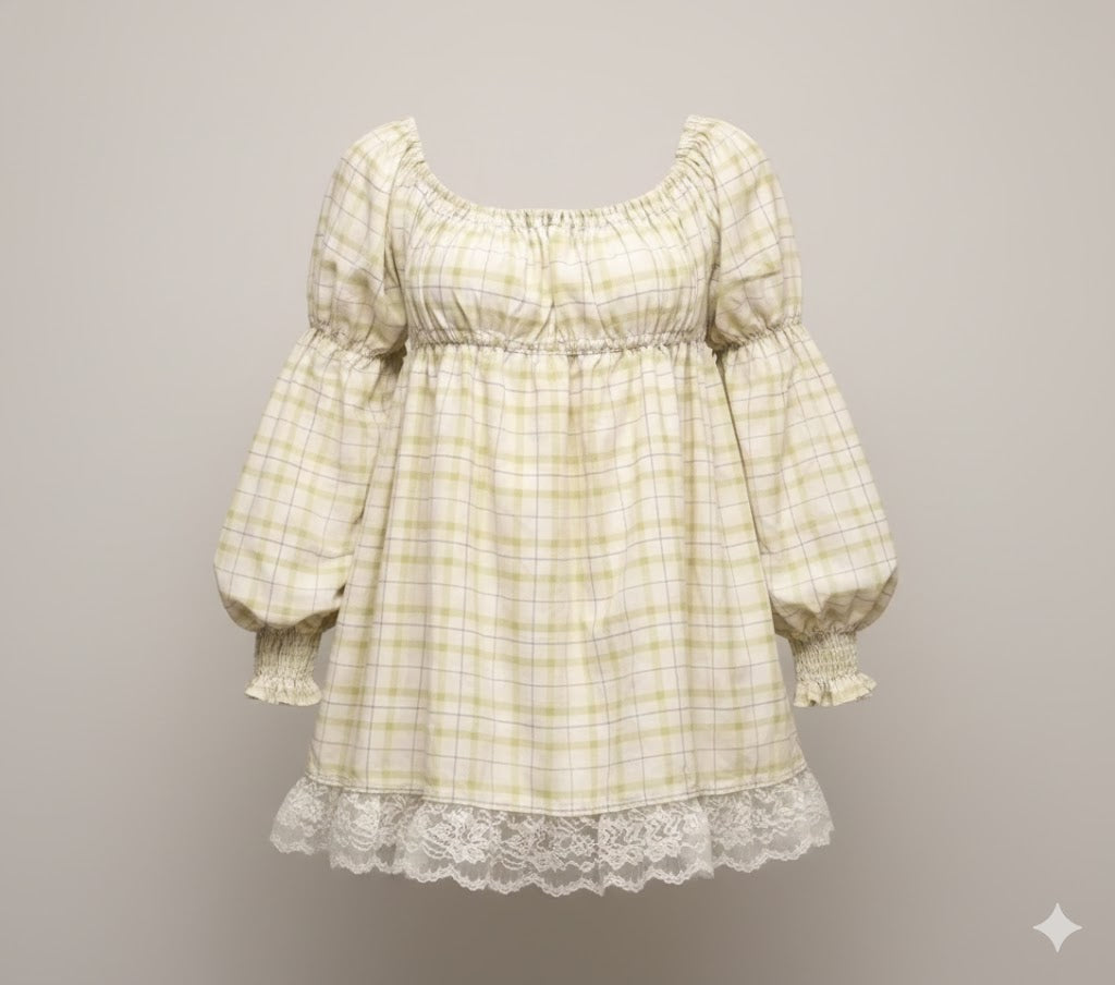 Gingham Smocked Puff-Sleeve Mini