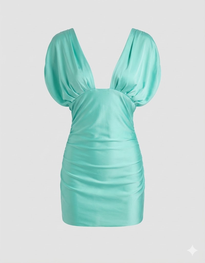 Turquoise Satin Ruched Plunge Dress