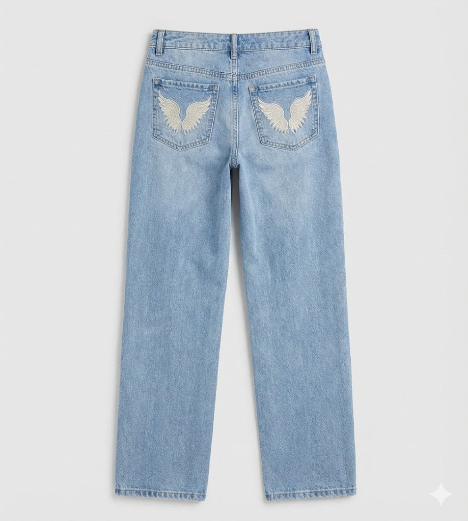 Wing-Embroidered Straight Leg Jeans