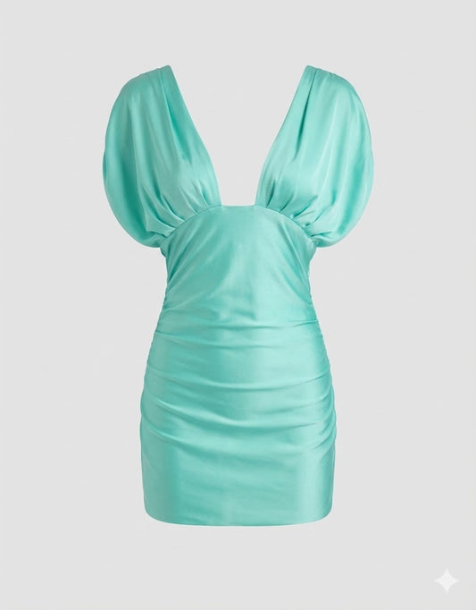 Turquoise Satin Ruched Plunge Dress